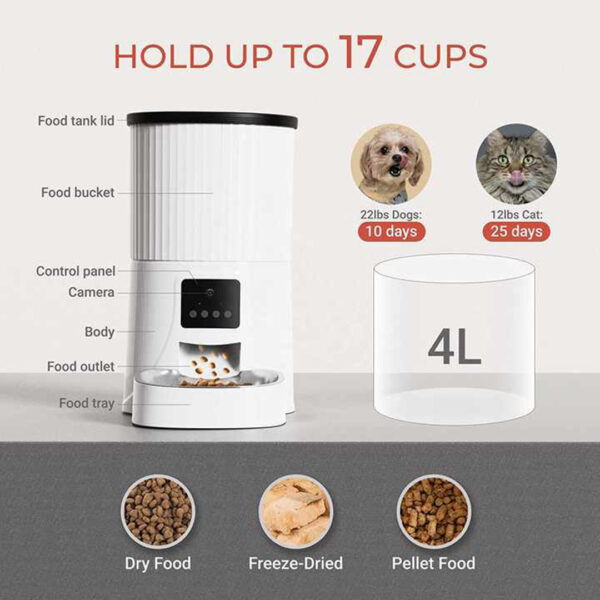 Smart 4L Automatic Pet Feeder with 1080P HD Video | Voice Recording, Time Feeding, and Key Lock for Dogs and Cats - Image 7